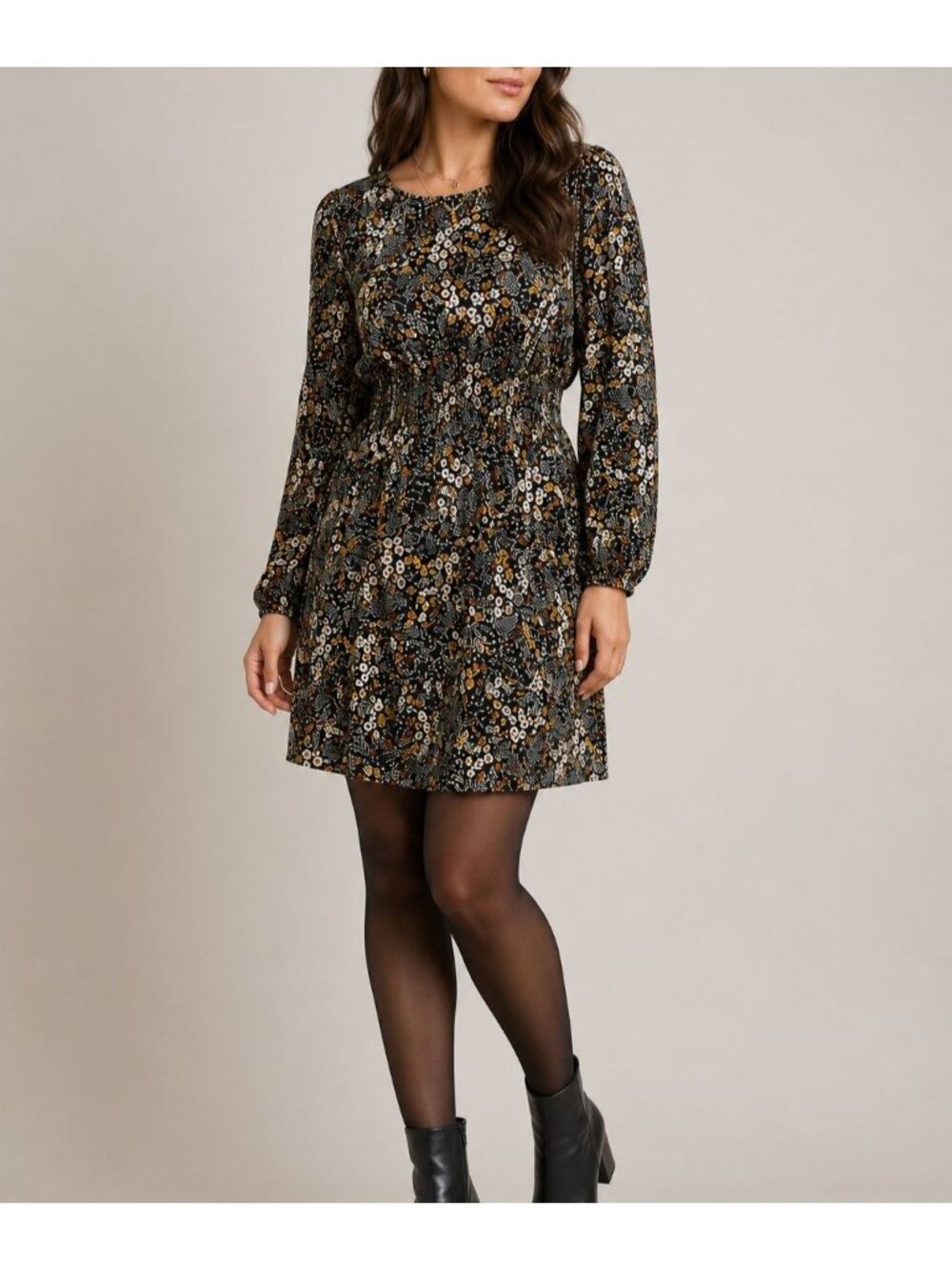 H&M Floral Mini Dress 12 Black Yellow Smocked Waist Boho Prairie Cottagecore